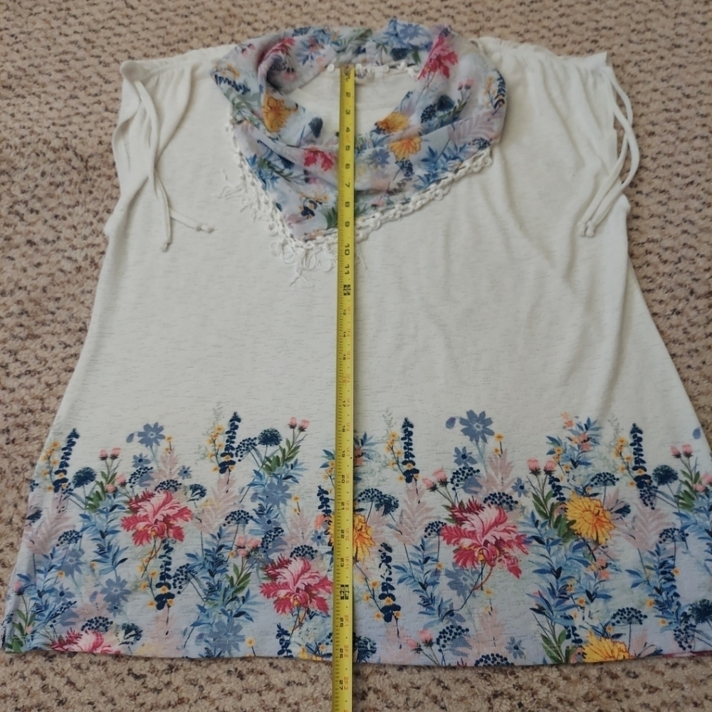 One World Live and Let Live Floral Shirt w Scarf XXL Blouse NWOT - Picture 4 of 11